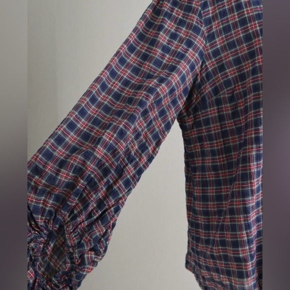 J.McLaughlin Tartan Plaid Seersucker Size Med Cotton Blouse Blouson Sleeve Women - Picture 10 of 11